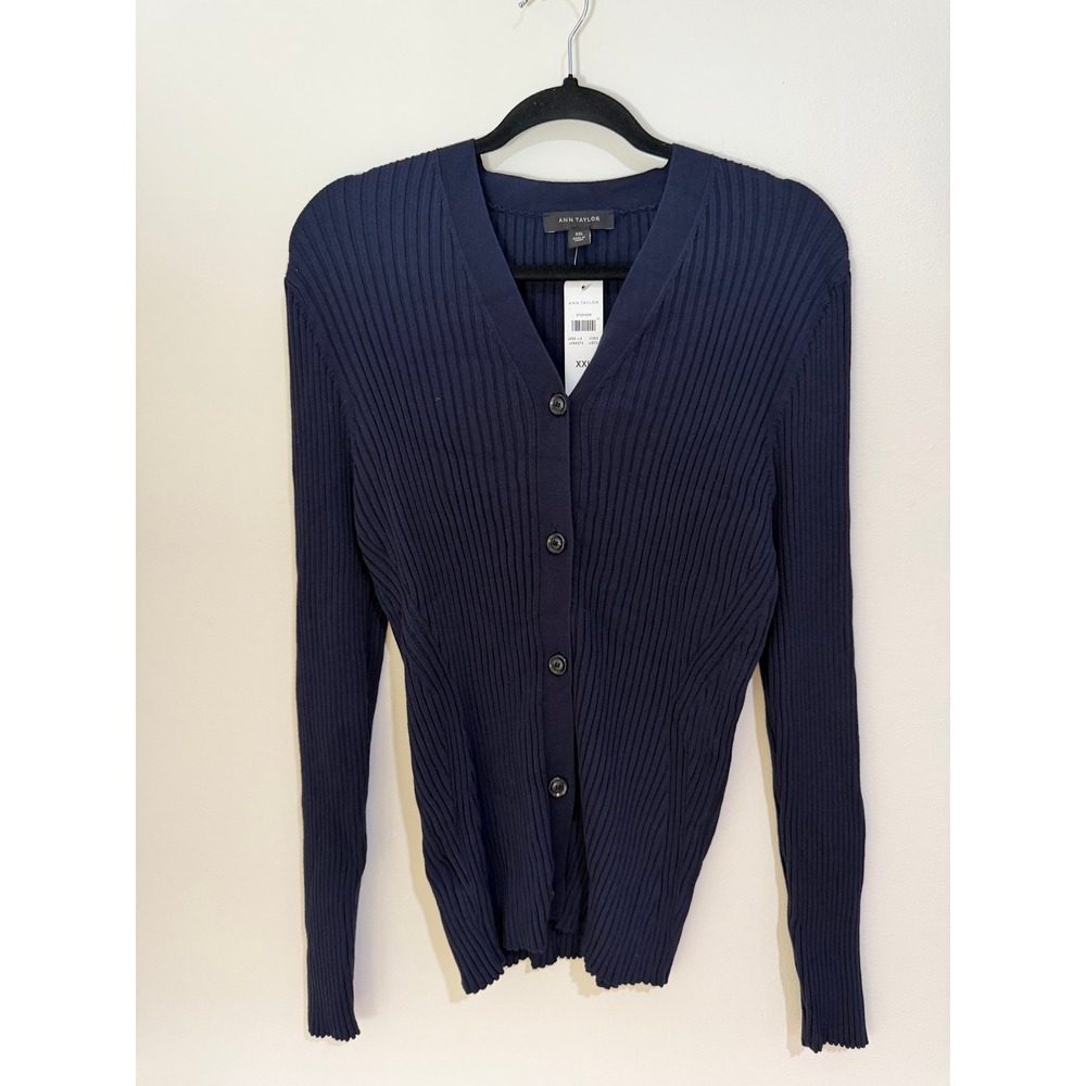Ann Taylor Womens XXL Navy Blue Ribbed V-Neck Button Front Cardigan Sweater NWT
